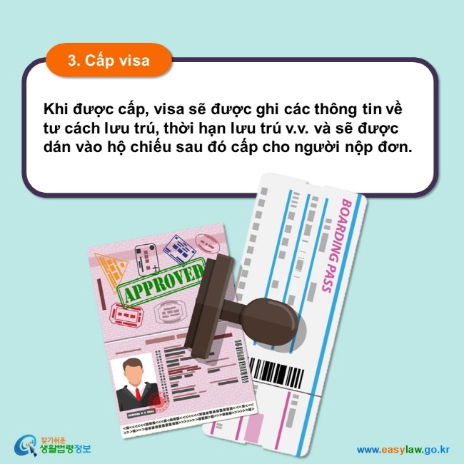 3. Cấp visa Khi được cấp, visa sẽ được ghi các thông tin về tư cách lưu trú, thời hạn lưu trú v.v. và sẽ được dán vào hộ chiếu sau đó cấp cho người nộp đơn.